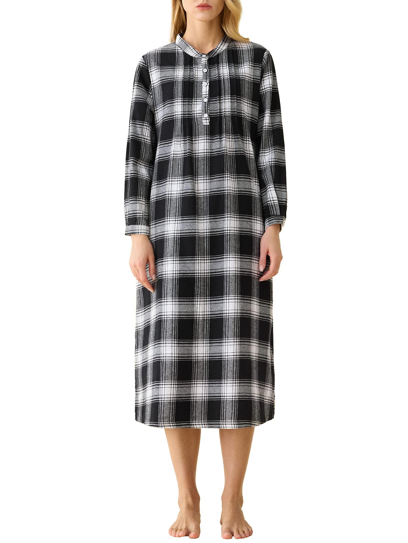 Women's Cotton Plaid Flannel Nightgown Long Sleeves Pleated Gown with  Pockets