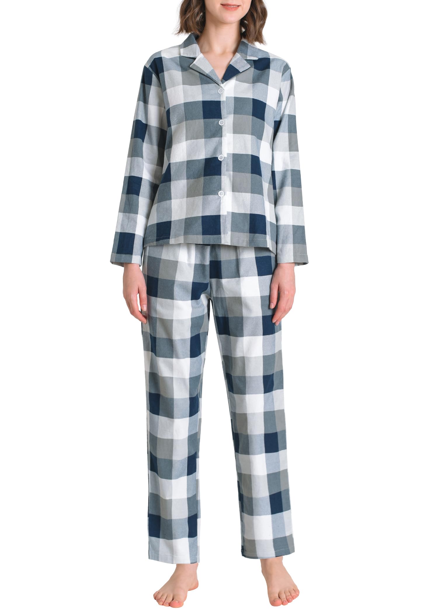 Women's Petite Flannel Pajama Set Soft Cotton Button Up PJs Set