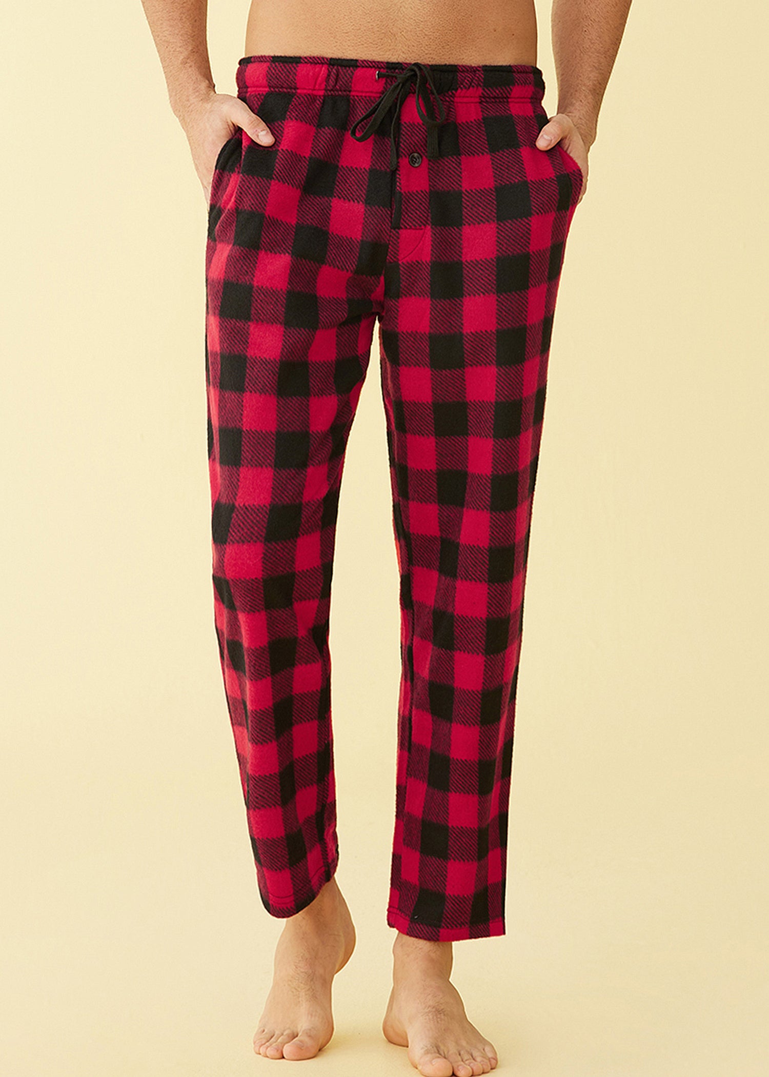 Microfleece Mens Plaid Pajama Pants with Pockets (Red Buffalo Plaid, Large)
