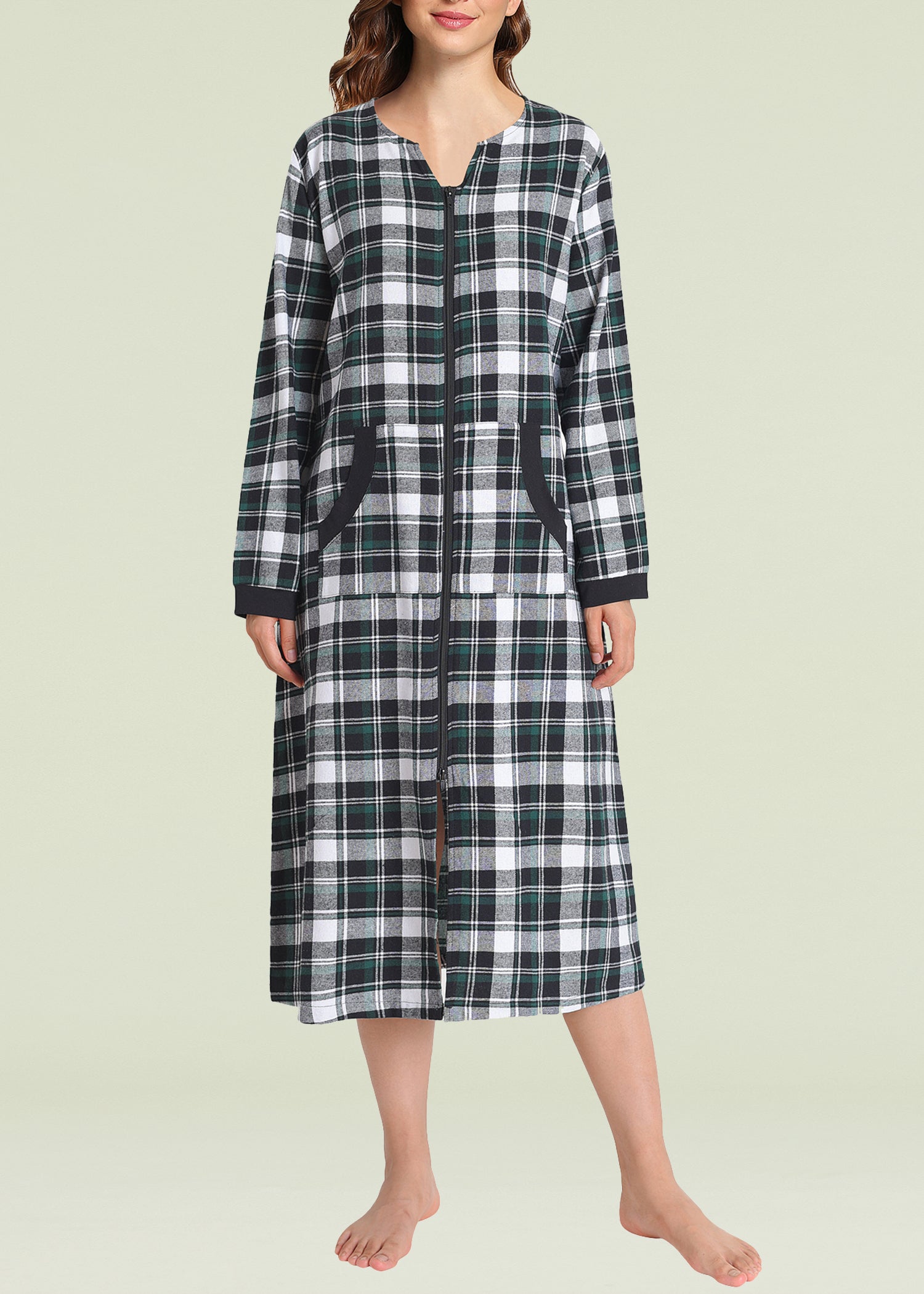 Women's Cotton Plaid Nightgown Long Flannel Zipper Nightgown – Latuza