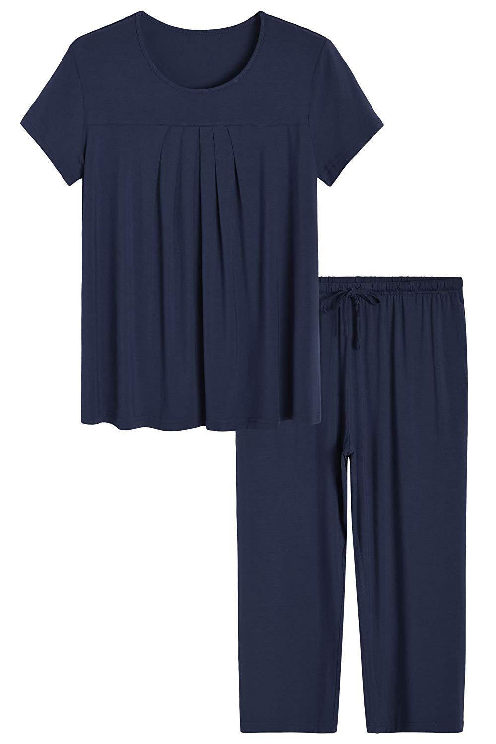 Women s Bamboo Pajamas Pleated Top and Capris Pjs Set Latuza