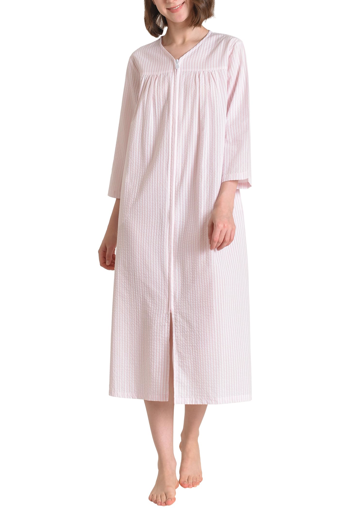 Women's Cotton Zip Up Robe 3/4 Sleeves Housecoat Long Duster with Pockets - Latuza