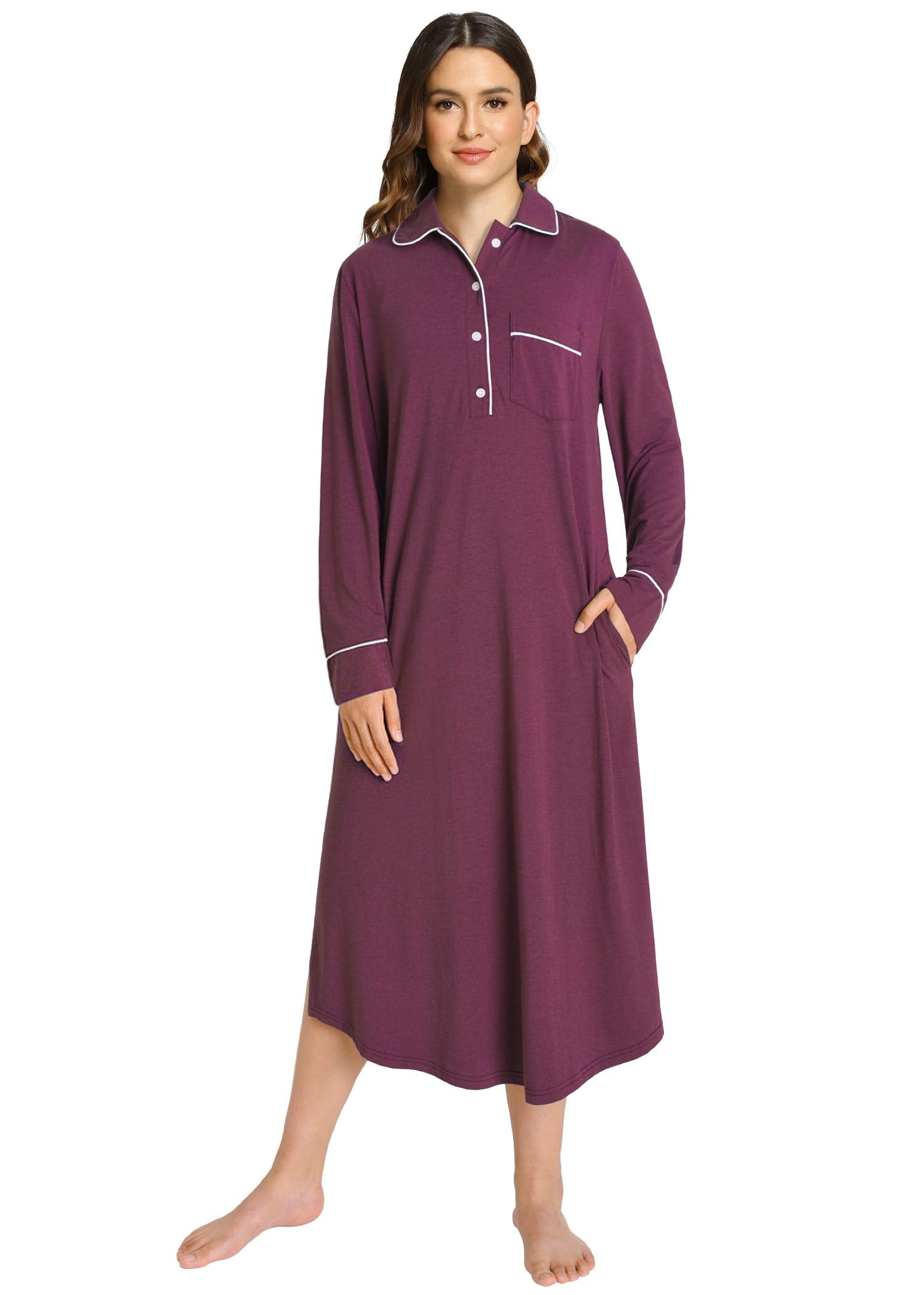 Women s Button Down Sleep Shirt Long Sleeves Nightgown