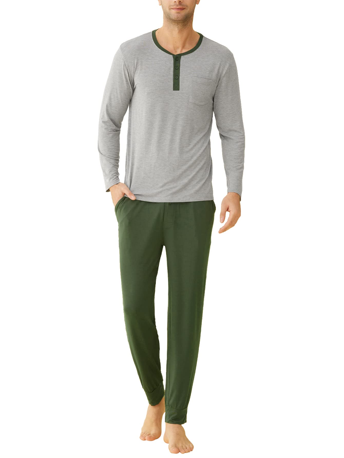 Men s Bamboo Viscose Pajamas Set Henley Long Sleeves Top Pants