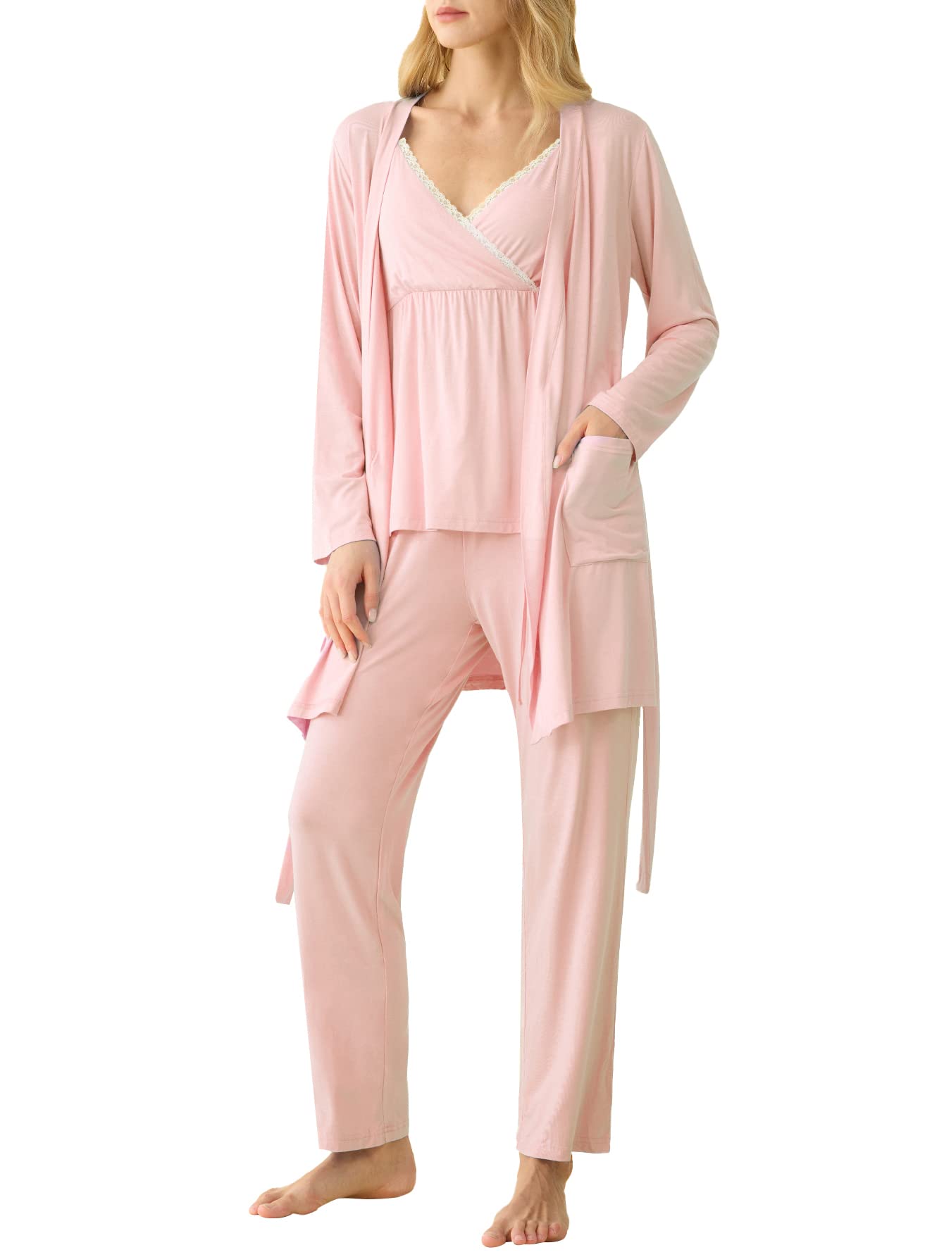 Women's Bamboo Viscose 3 Piece Nursing Pajama Set with Robe
