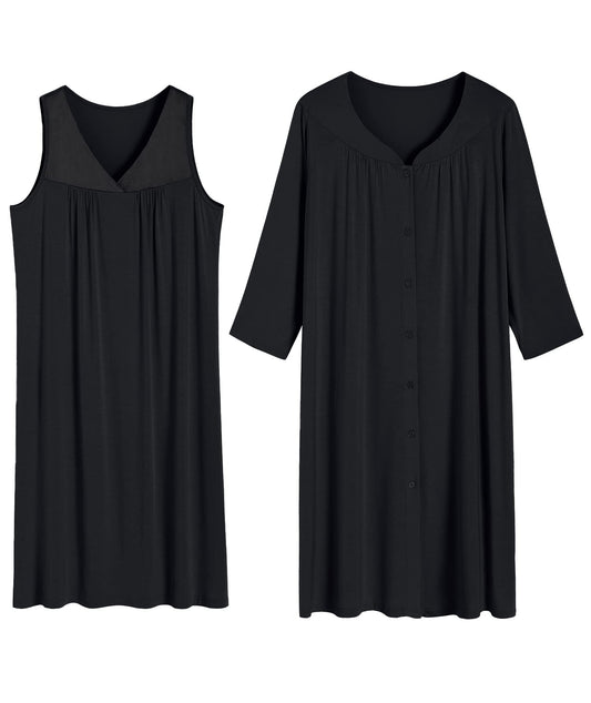 Women's Viscose Nightgown and Robe Set Button Front Housecoat - Latuza