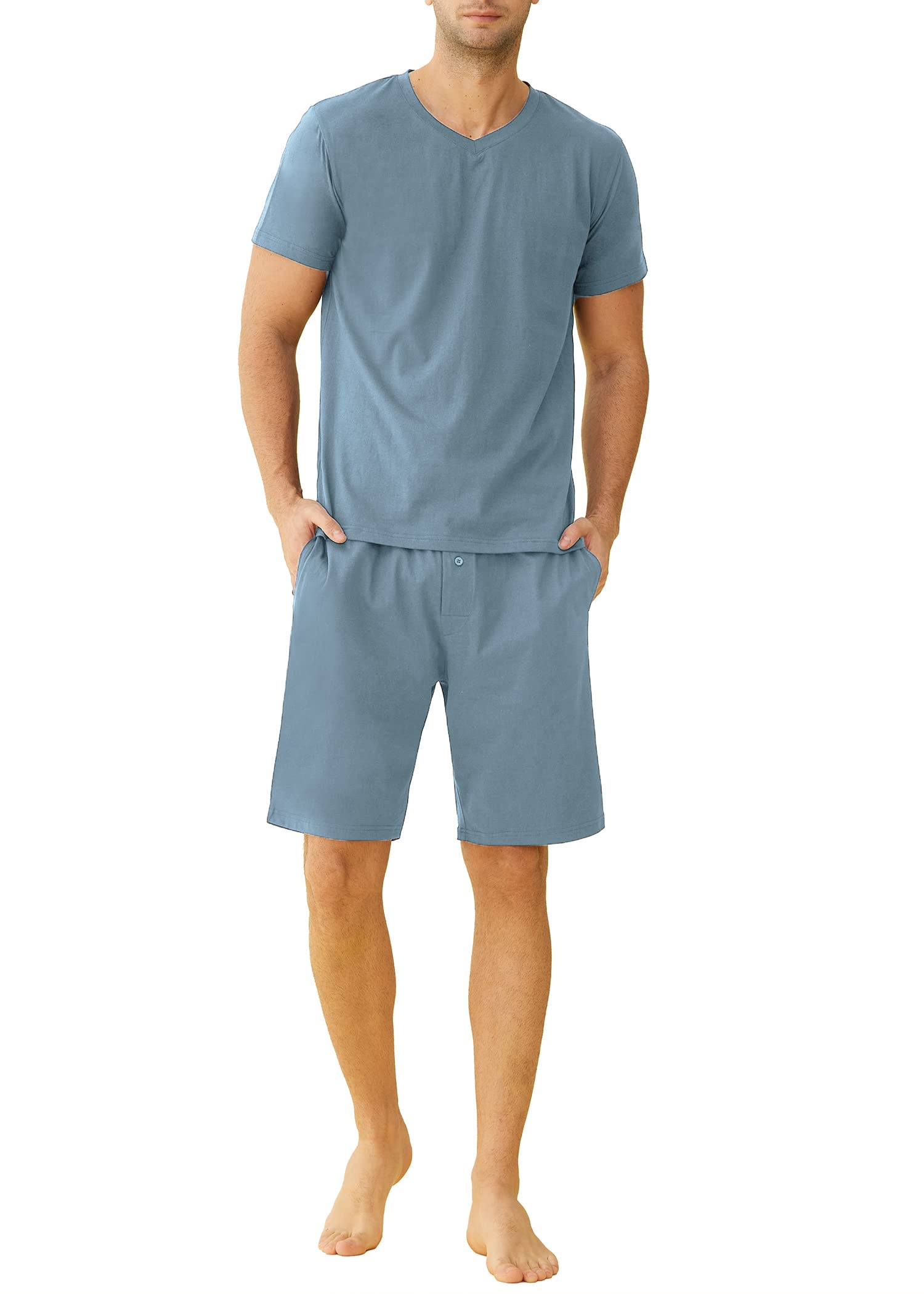 Men s Cotton Shirt with Shorts Pajama Set Knit Lounge Set