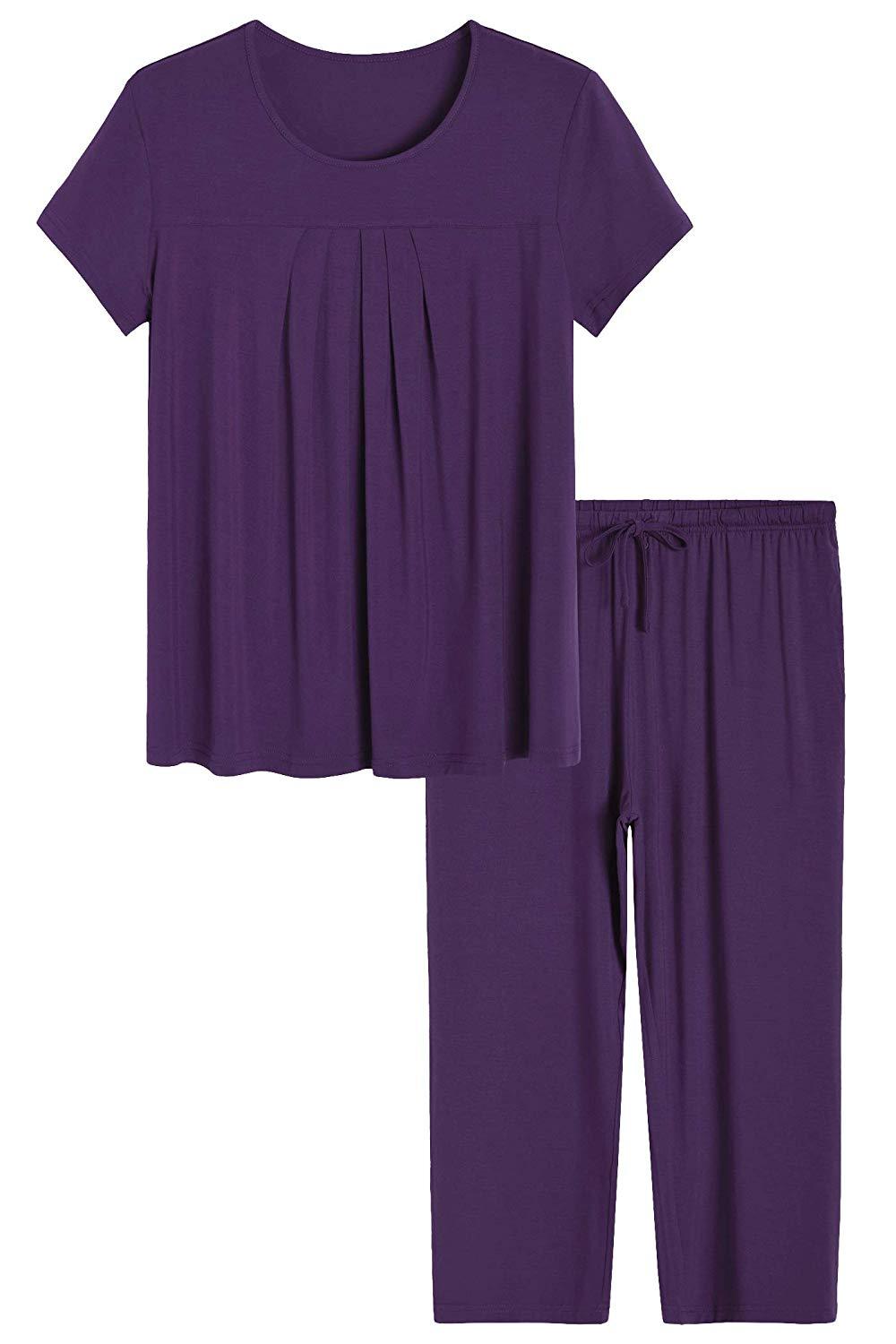 Women s Bamboo Pajamas Pleated Top and Capris Pjs Set Latuza