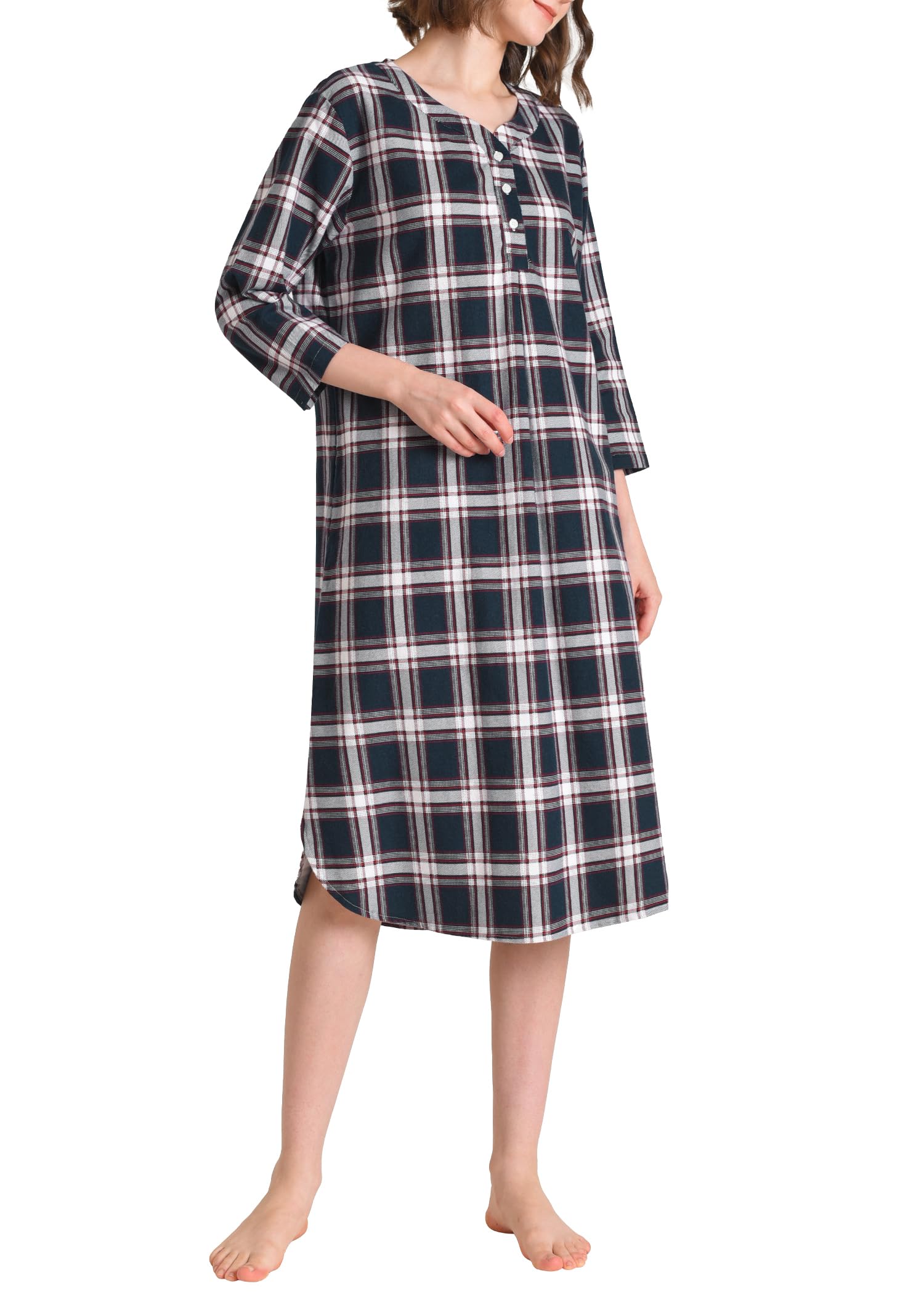 Women's Cotton Flannel Nightgown Plaid Long Nightshirt with Pockets - Latuza