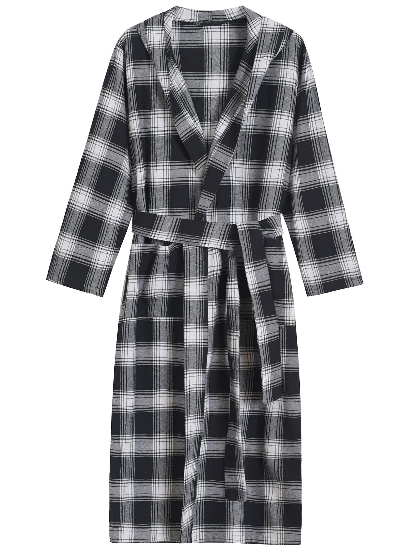 Men's Cotton Flannel Long Robe Full Length Plaid Bathrobe - Latuza