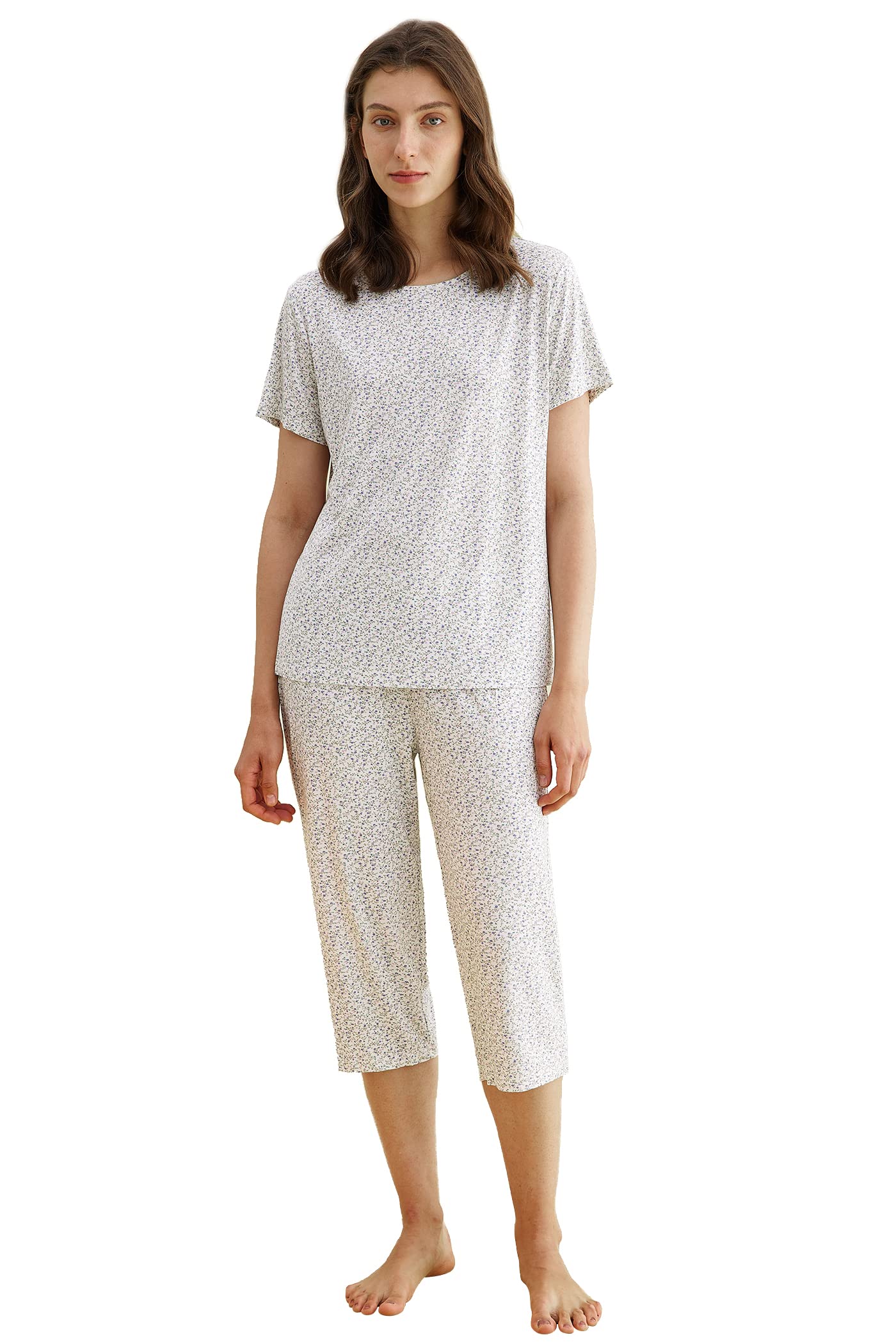 Ladies Capri Pyjama Set Short Polka Dot Lettuce Hem V-Neck Cropped Cotton  PJs