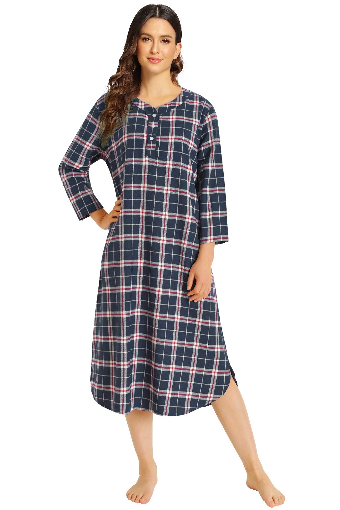 Women's Plaid Flannel Nightgown Warm Cotton Midi Nightgown – Latuza
