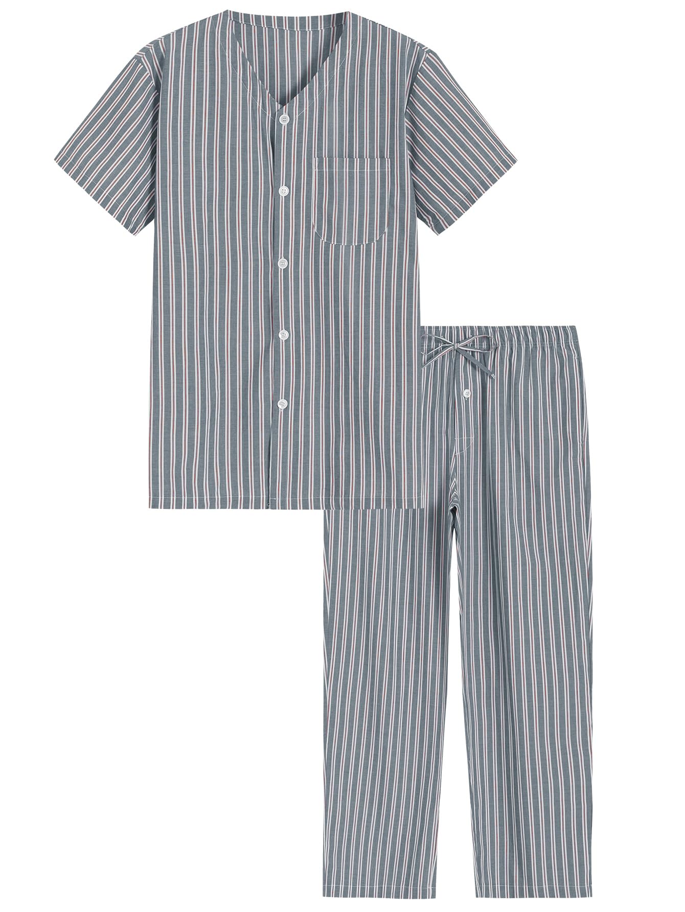 Men's Cotton Pajamas Set Button Up Shirt and Pants for Summer - Latuza