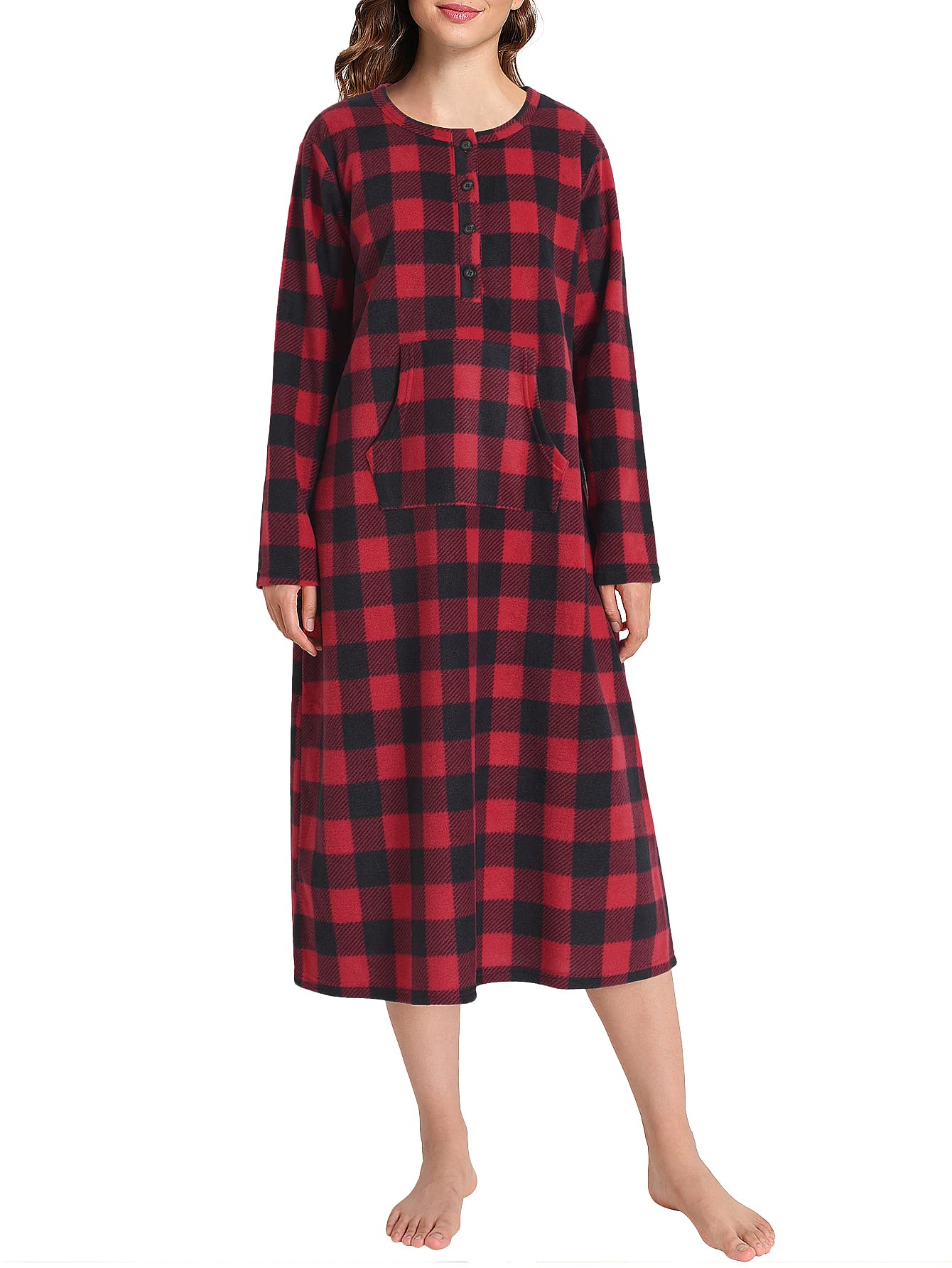 Women's Plaid Fleece Nightgown Warm Long Sleeves Sleep Shirt