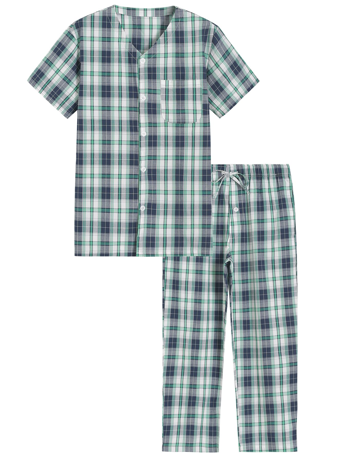 Men's Cotton Pajamas Set Button Up Shirt and Pants for Summer - Latuza