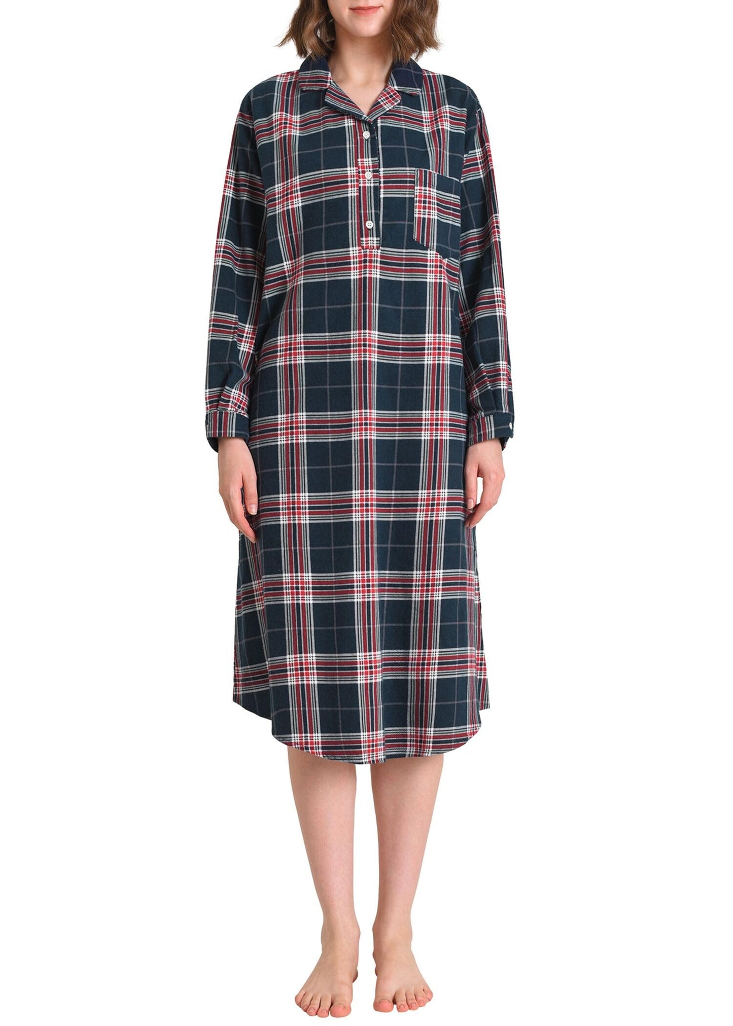 Women's Flannel Nightgown Soft Cotton Long Sleeve Midi Length - Latuza