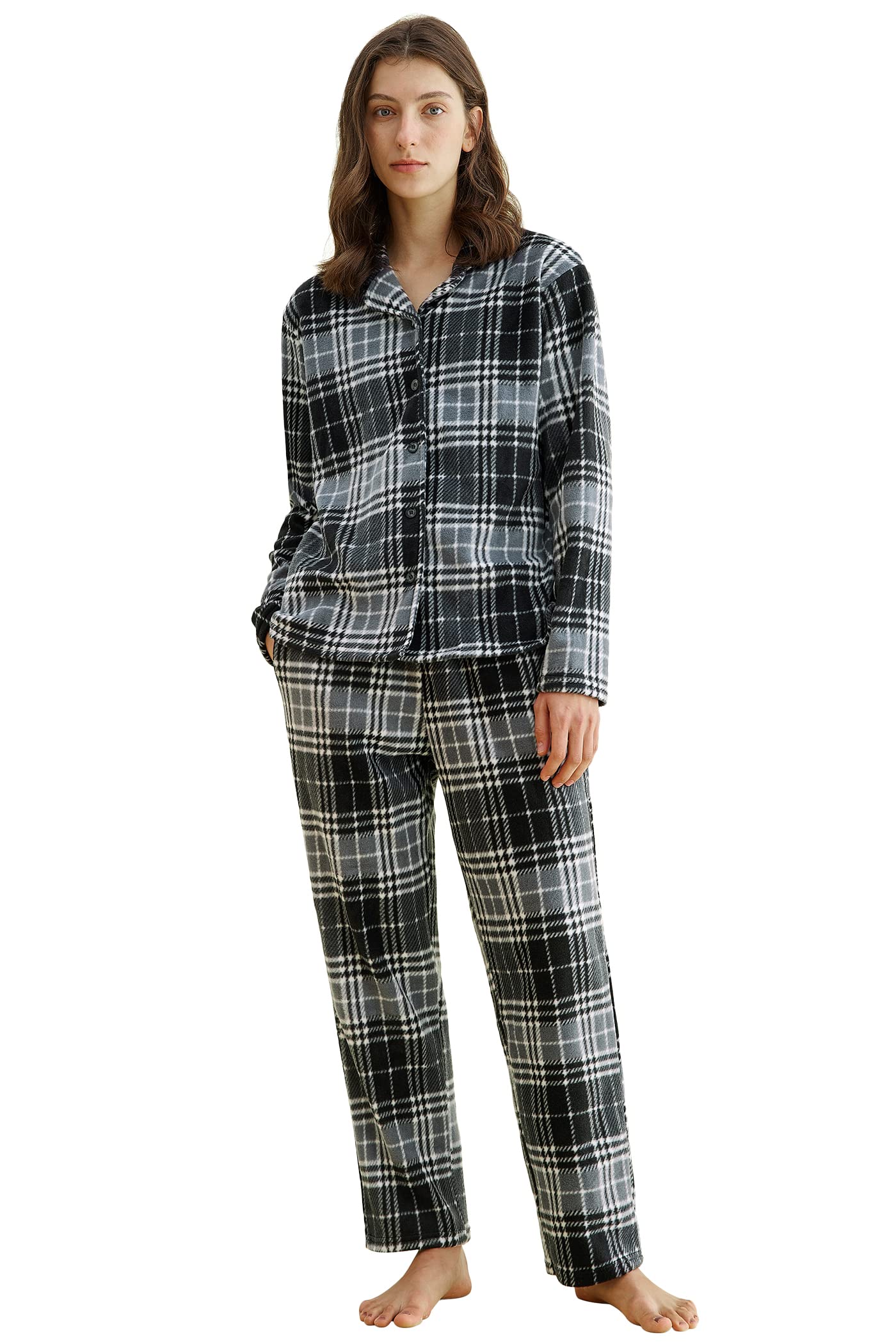 Women's Plaid Fleece Pajamas Set Notch Collar Shirt and Pants