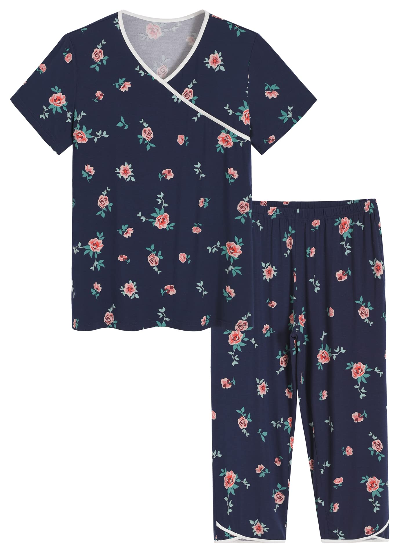 Women's Bamboo Viscose Floral Faux Wrap Top Capris Pajama Set - Latuza