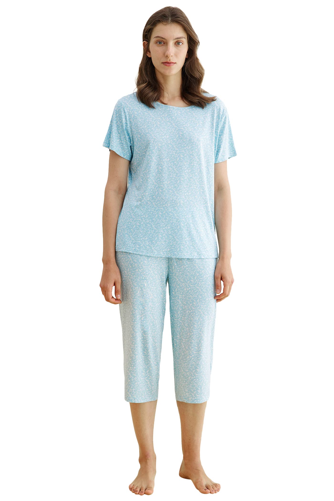 CLZOUD Women Satin Pajamas Set Short Sleeve Capri Sleepwear Button