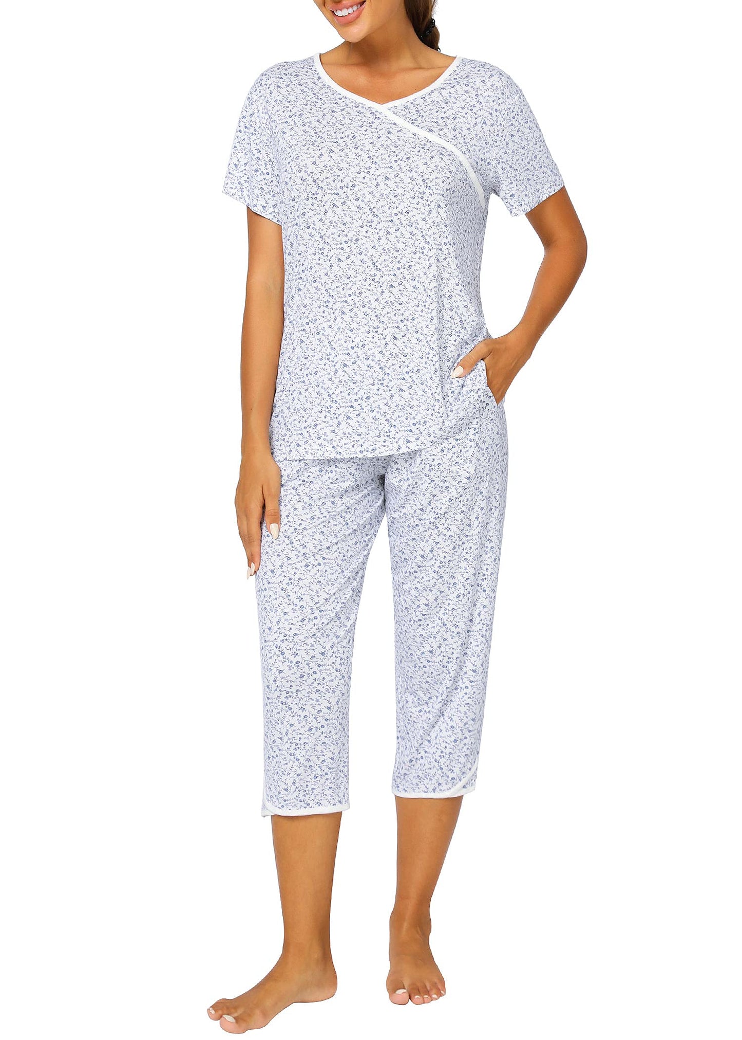 Women's Bamboo Viscose Floral Faux Wrap Top Capris Pajama Set - Latuza