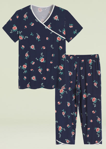 Women's Bamboo Viscose Floral Faux Wrap Top Capris Pajama Set