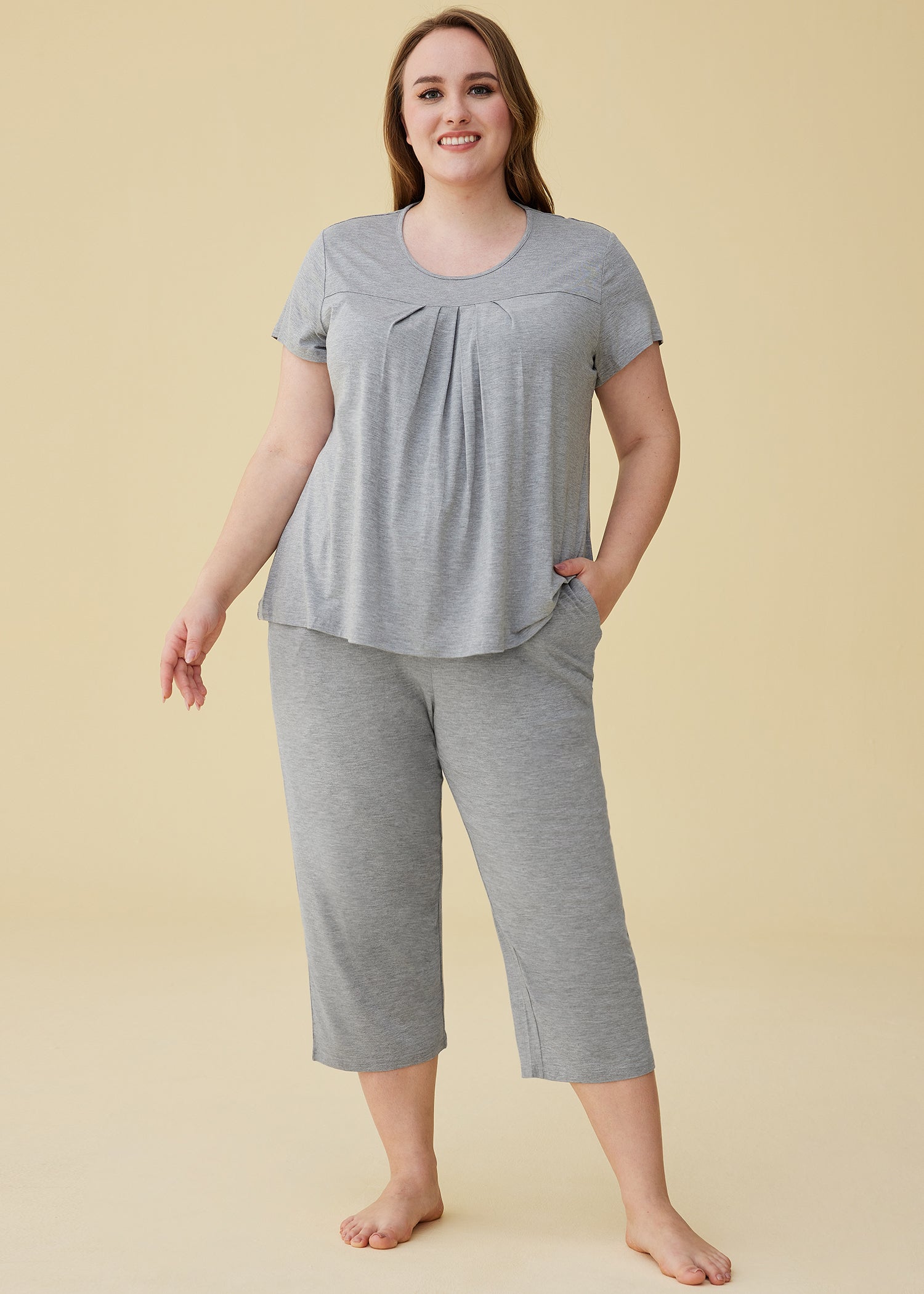 Women s Bamboo Pajamas Pleated Top and Capris Pjs Set